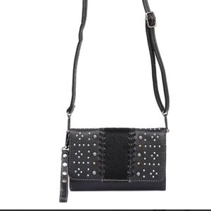 Montana West Studded Cowhide black wallet/ clutch with strap